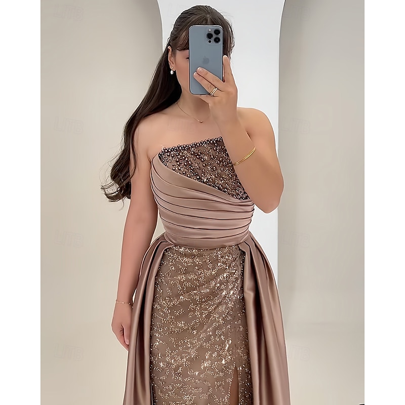 A-Line Mermaid / Trumpet Evening Gown Elegant Dress Formal Wedding Floor Length Sleeveless StraplessMother Of the Bride Dress Satin with Rhinestone Glitter Ruched4