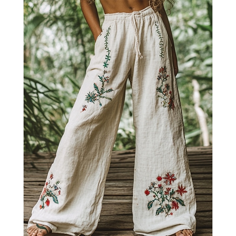 Women's Wide Leg Pants Trousers Palazzo Pants Casual Boho Full Length High Waist Flower Elastic Waist Drawstring Print Breathability Comfortable Street Daily Wear Going out White Spring Fall Regular