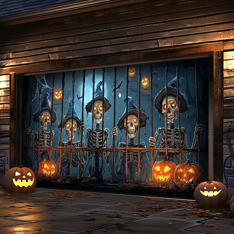 Halloween Garage Door Cover – Creepy Skeletons' Faces Behind Fence, Spooky Outdoor Decoration for 2025 Halloween Home Front Yard2