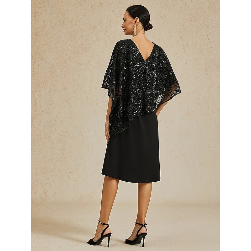 Women's Tea Length Chiffon Dress Elegant Party Solid Color Half Sleeve V Neck Black Summer Spring2