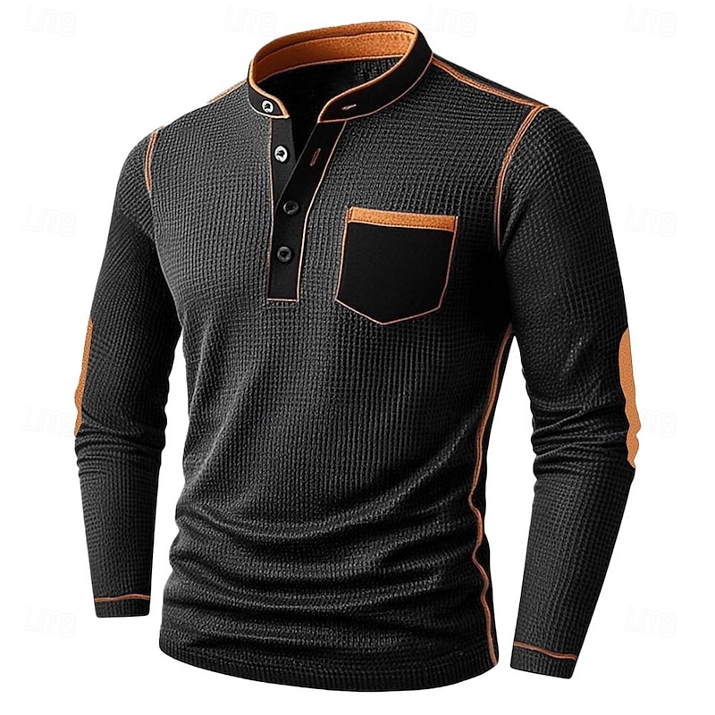 Men's Waffle Henley Shirt Tee Long Sleeve Solid Color Plain Fashion Designer Casual Color Block Buttons Henley Outdoor Casual Daily Summer Fall Winter Black Navy Blue khaki Henley T-Shirt