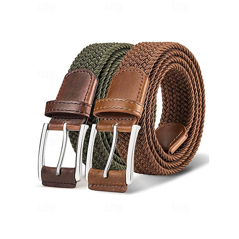 Men's Stretch Braided Belt – Adjustable Woven Polyester Belt with Leather Trim and Metal Buckle for Casual Wear, Golf and Outdoor Activities