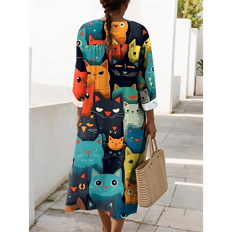 Women's Midi Dress V Neck Long Sleeve Kaftan Lightweight Loose Fit Shift Dress Casual Going out Loose Fit Graphic Animal Long Sleeve V Neck Black White Green Fall2