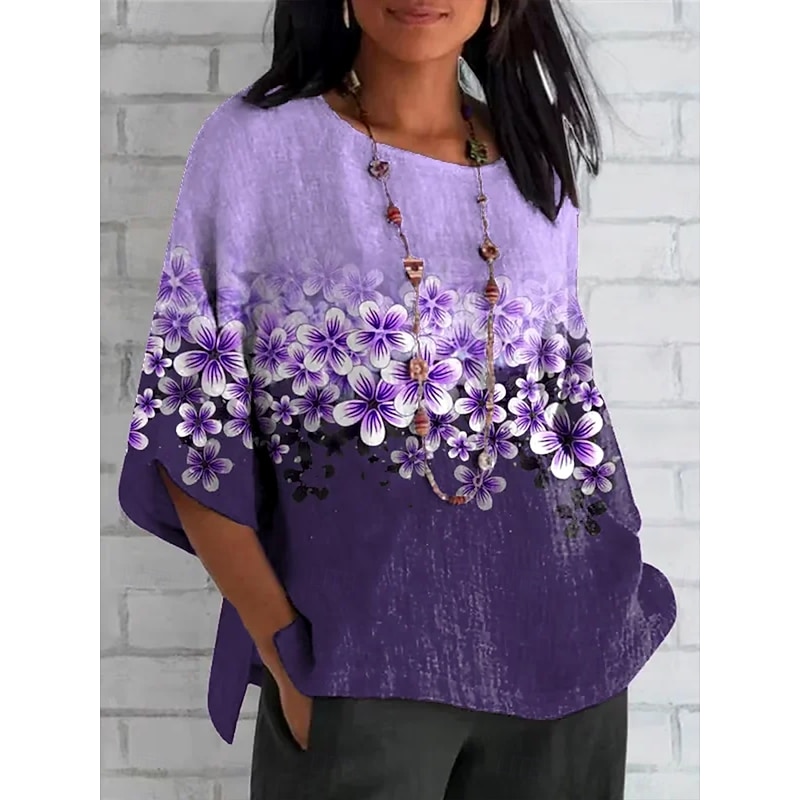 Women's T Shirt Floral Graphic Plants Vintage Classic Casual Half Sleeve Crew Neck Regular Tops Daily Weekend Beach Wear Print Violet Summer Spring Fall