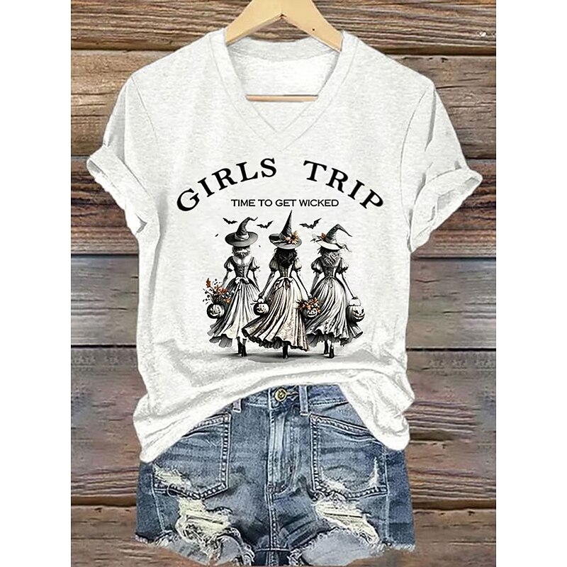 Halloween Women's T shirt Witch Graphic Letter Vintage Stylish Classic Short Sleeve V Neck Regular Tops Daily Print White Purple Orange Green Summer Spring3
