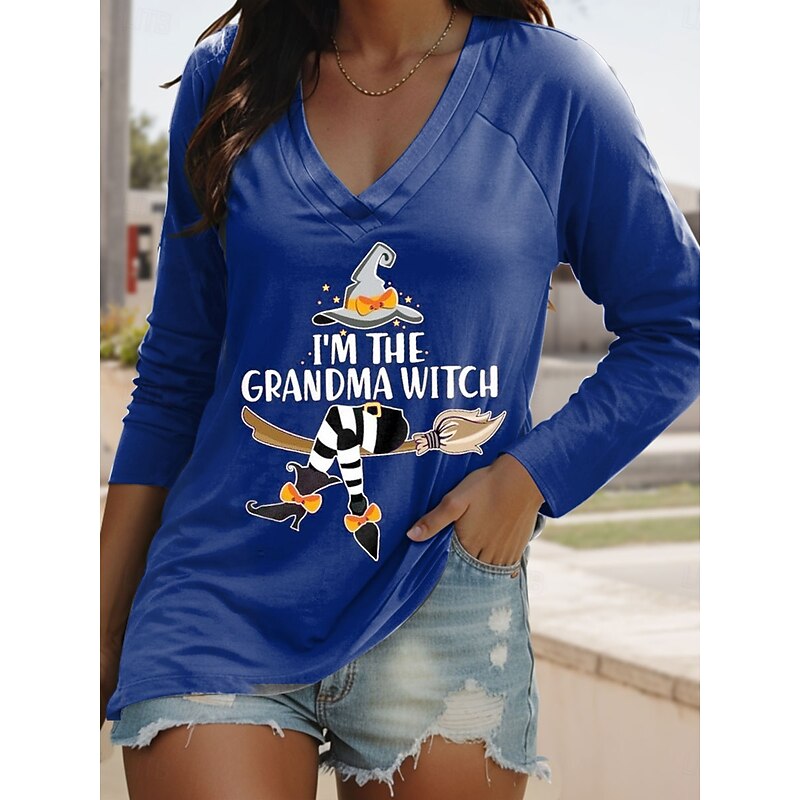 Halloween Women's T shirt Witch Long Sleeve V Neck Long Sleeve Graphic Casual Letter Vintage Stylish Classic Regular Tops Daily Print Blue Purple Orange Green Spring Fall Prefall4