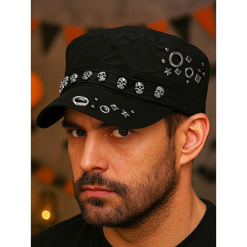 Men's Skull Studded Cotton Military Cap – Adjustable Punk Rock Style Halloween Hat for Cosplay, Parties and Casual Streetwear