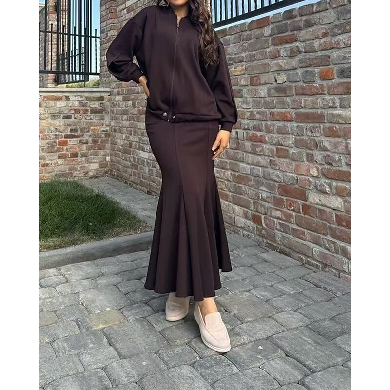 Women's Dress Set Summer Dress Midi Dress Casual Plain Zipper Maxi Dress Long Sleeve V Neck Outdoor Date Black Wine Coffee Summer Loose Fit4