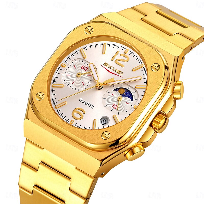 SKMEI Women Men Quartz Watch Luxury Outdoor Fashion Business Moon phase Luminous Calendar Chronograph Stainless Steel Strap Watch3