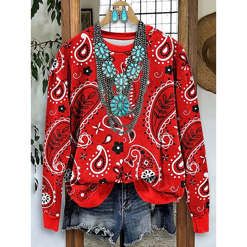 Women's Sweatshirts Graphic Paisley Casual Long Sleeve Crew Neck Regular Tops Street Dailywear Print Red Blue Orange Brown Fall Winter