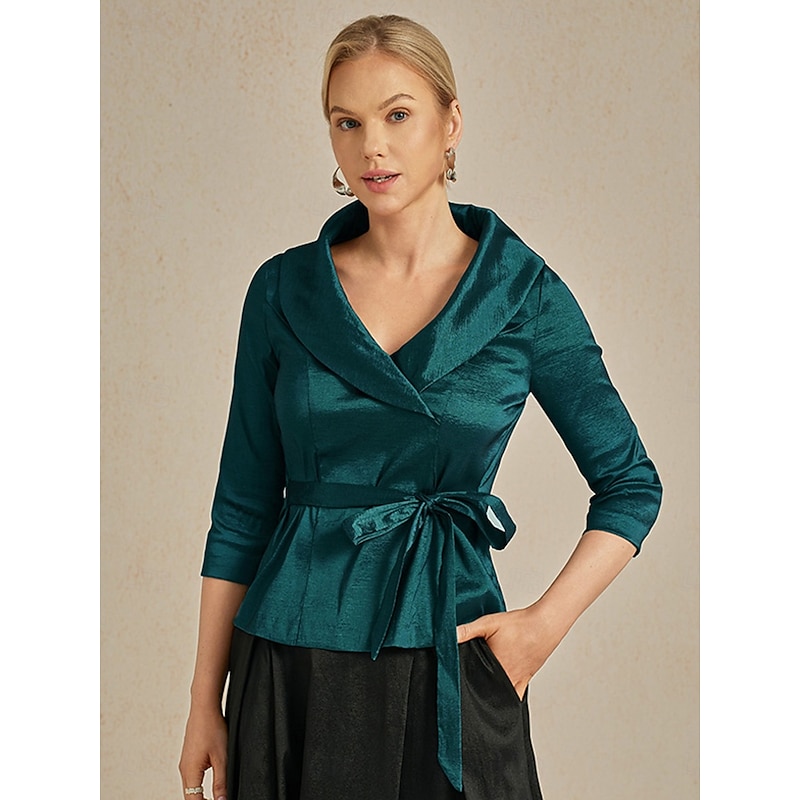 Women's Blouse Evening Tops Elegant Metallic Stylish 3/4 Length Sleeve V Neck Regular Tops Wedding Guest Evening Party Semi Formal Tie Front Emerald Green Spring, Fall, Winter, Summer