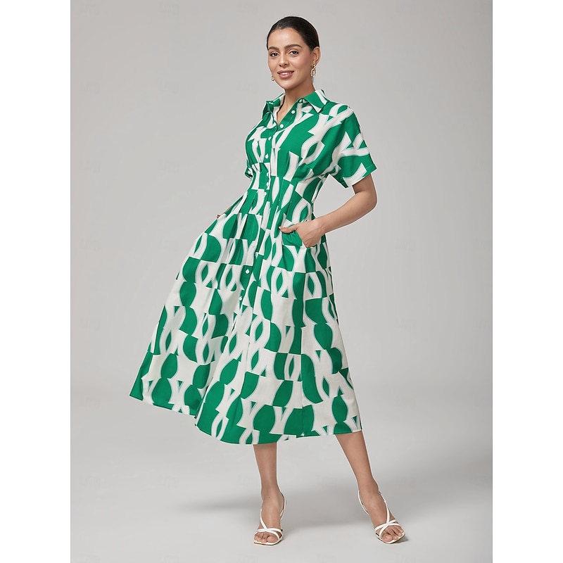 Vintage Green Geometric Pleated Shirt Dress