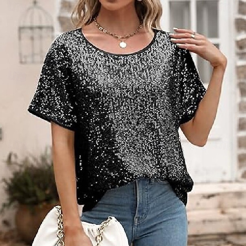 Women's Sequin Sparkly Party Glitter Sparkly Fashion Modern Short Sleeve Crew Neck Regular Tops Daily Weekend Sequins Silver Black Pink Wine Green Summer