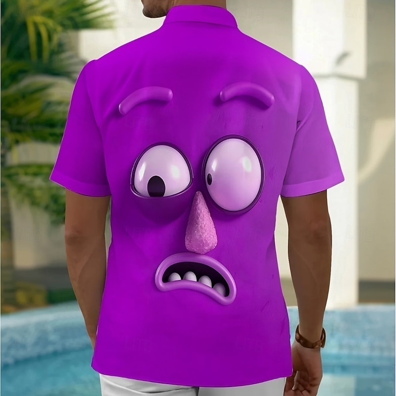Men's Cartoon Funny Big Eyes Shirt Summer Shirt Button Up Shirt Short Sleeve Fashion Casual Outdoor Vacation Dailywear Summer Spring Turndown 3D Print Collared Shirts Front One Pocket Purple2