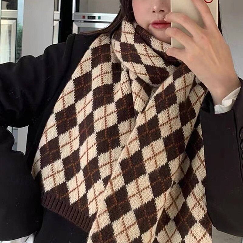 Women's Rectangle Scarf Street Daily Date Red Khaki Scarf Plaid3