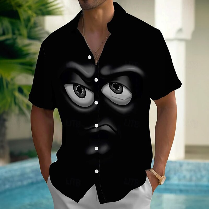 Men's Cartoon Funny Smile Face Shirt Summer Shirt Button Up Shirt Short Sleeve Fashion Casual Outdoor Vacation Dailywear Summer Spring Turndown 3D Print Collared Shirts Front One Pocket Black