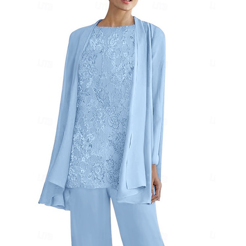 3 Piece Pantsuit Mother of the Bride Dress Elegant Crew Neck Floor Length Polyester Long Sleeve with Beading4