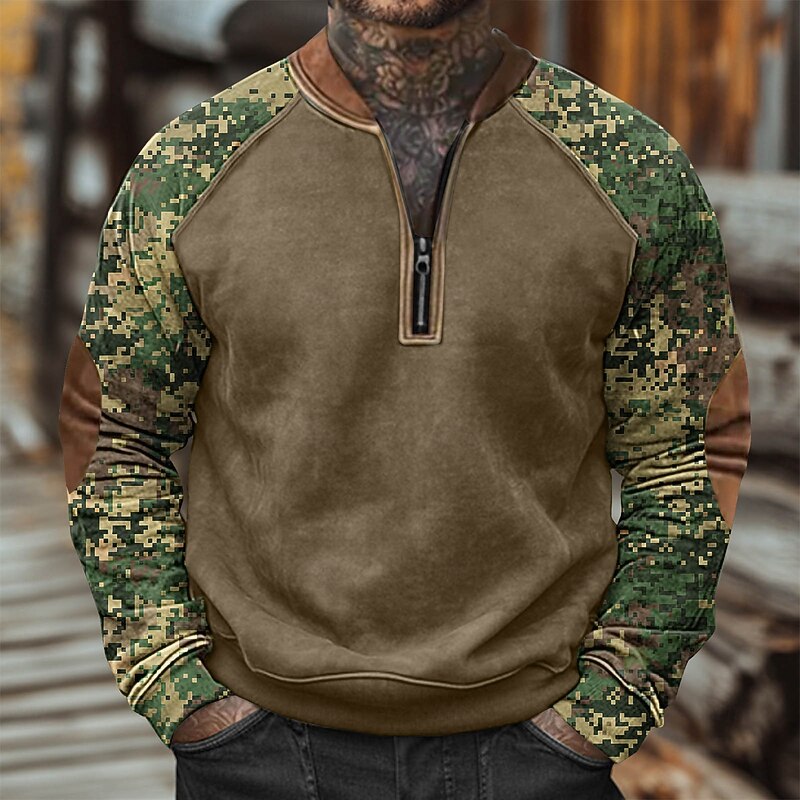 Men's Sweatshirt Quarter Zip Sweatshirt Army Green Green Khaki Camouflage Green Half Zip Color Block Camo / Camouflage Half Zip Print Casual Daily Holiday Polyester Vintage Streetwear Casual Fall4
