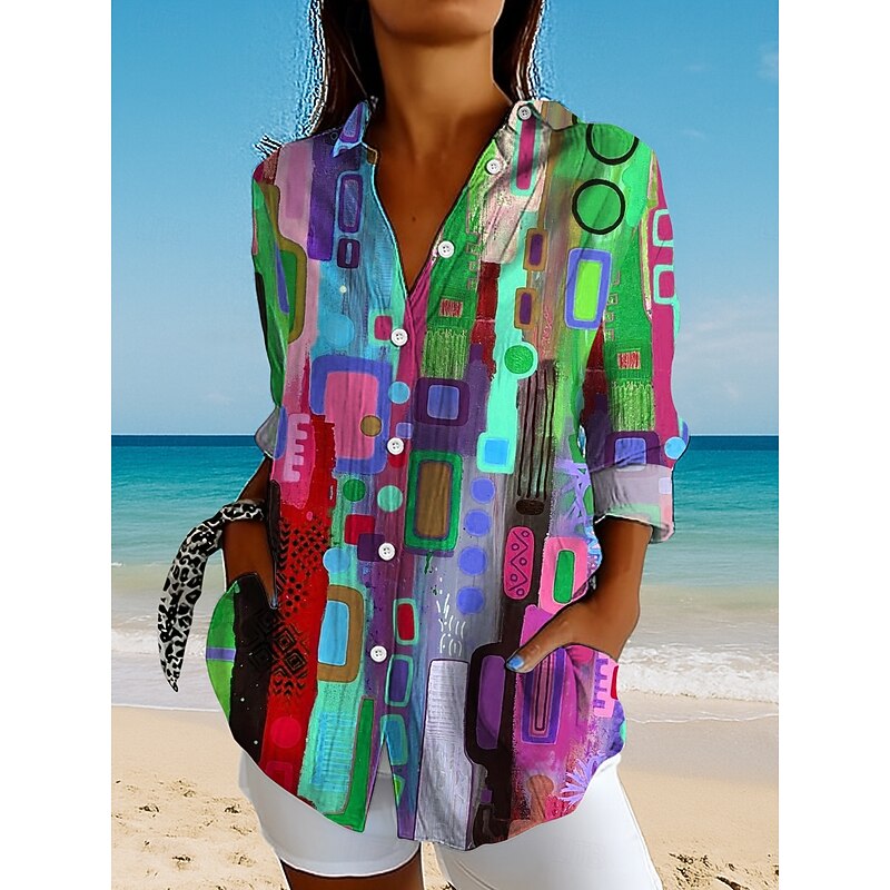 Women's Shirt Button Down Tunic Shirt Collar Long Sleeve Graphic Geometric Plaid Vintage Tropical Daily Regular Tops Work Daily Holiday s Print Yellow Red Blue Purple Green Spring Fall4