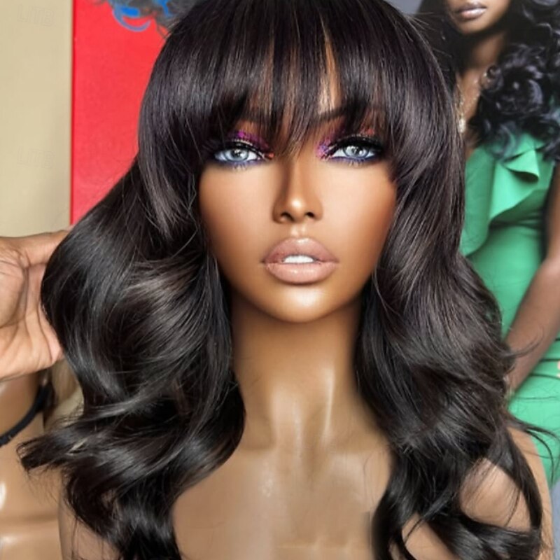 Remy Human Hair 5x5 Closure 13x4 Lace Front Wig With Bangs Brazilian Hair Wavy Black Wig 130% 150% Density with Baby Hair Natural Hairline 100% Virgin Glueless Pre-Plucked For Women Long Human Hair3