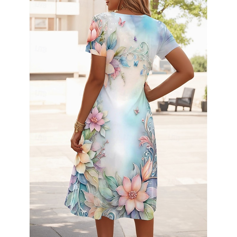 Women's Mini Dress T Shirt Dress Tee Dress Sundress A Line Dress Vacation Casual Beach Going out Beach Floral Graphic Short Sleeve V Neck Light Green Light Brown Purple Lilac Summer2