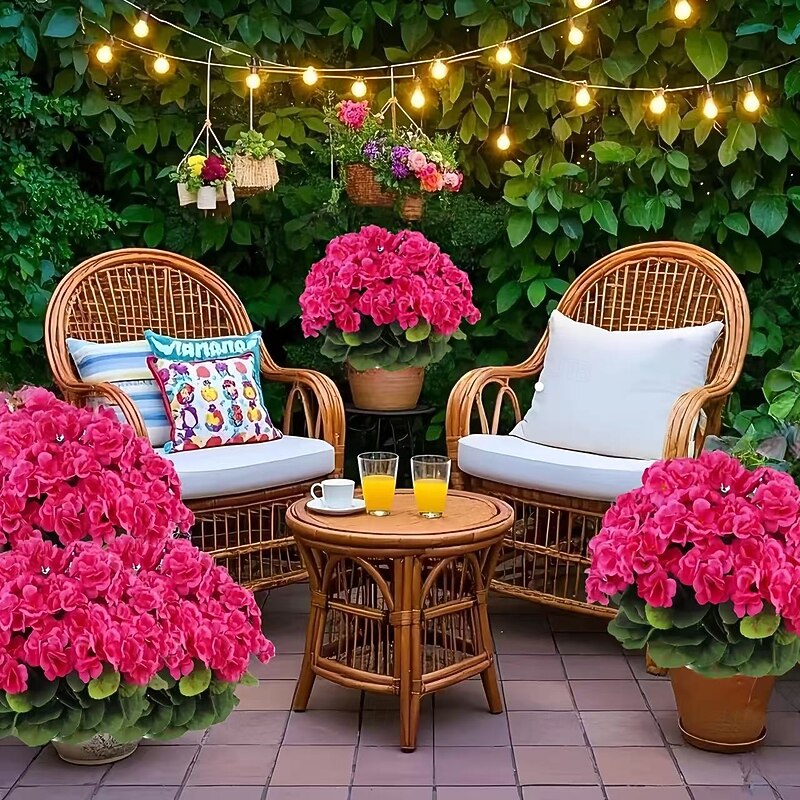 8 Bundles UV Resistant Artificial Geranium Flowers, Vivid Pink Faux Plants with Greenery for Indoor Outdoor Home Garden Wedding Decor3