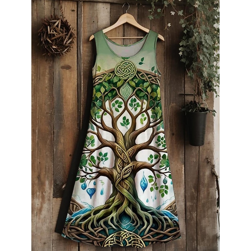 Women's Tree of Life Merkabah Midi Dress Sundress A Line Dress Vacation Casual Boho Wedding Party Going out Standard Fit Floral Graphic Leaf Sleeveless U Neck Blue Dark Green Purple Green Summer2