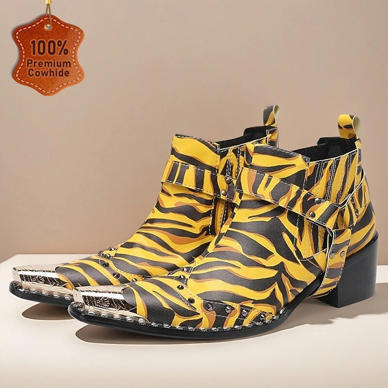 Men's Yellow Tiger Print Boots - Eye-catching Cowhide Leather Boots with Striking Pattern for Bold Fashion - Perfect for Statement Wear and Parties