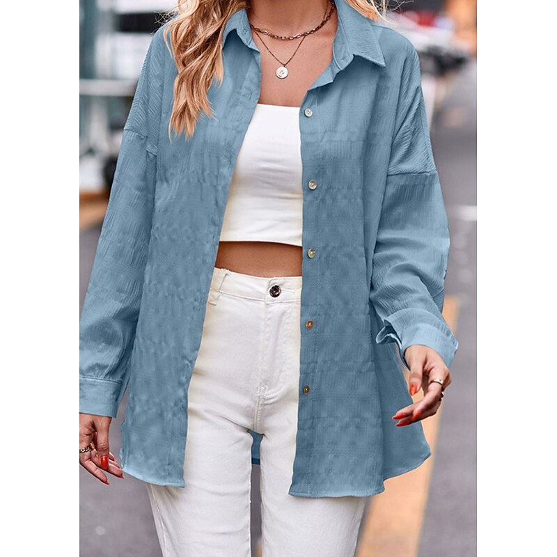 Women's Shirt Texture Blouse Plain Daily Stylish Basic Long Sleeve Shirt Collar Regular Tops Work Daily Holiday Buttons Yellow Pink Blue Spring Fall4