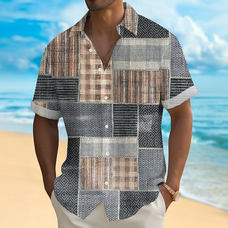 Men's Geometric Color Block Patchwork Shirt Summer Shirt Button Up Shirt Short Sleeve Fashion Casual Vacation Holiday Streetwear Summer Turndown 3D Print Front One Pocket Linen Like Shirt Black Khaki2