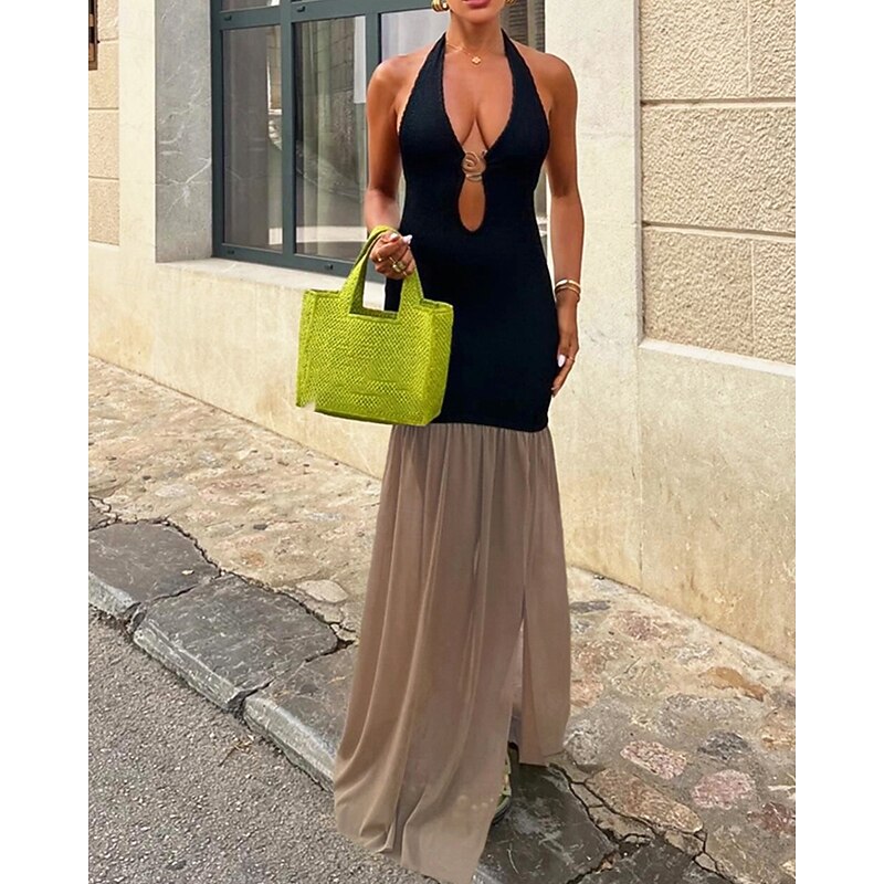 Women's Long Dress Maxi Dress Prom Dress Party Dress Fashion Party Special Occasion Evening Party Regular Fit Color Block Sleeveless Deep V Black Brown Summer2