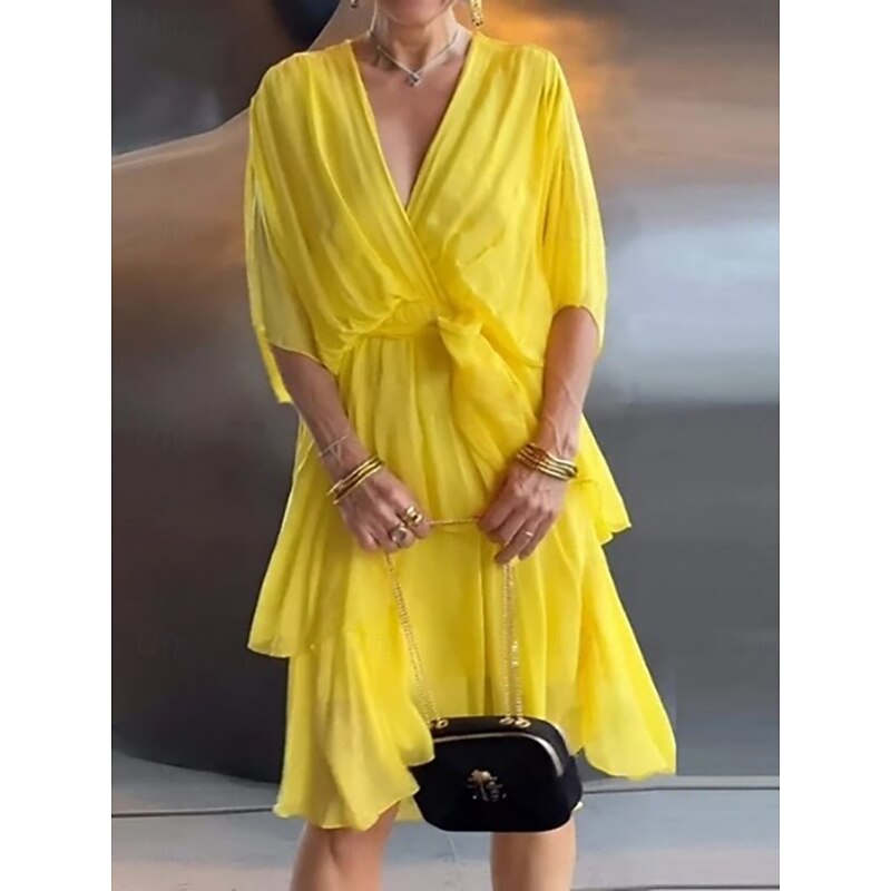 Women's Mini Dress Cocktail Dress Wedding Guest Dress Chiffon Fashion Modern Outdoor Vacation Regular Fit Plain 3/4 Length Sleeve V Neck Yellow Summer Spring Fall Autumn