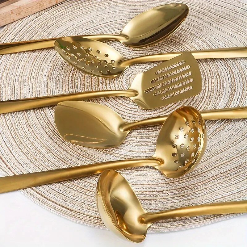 6-Piece Stainless Steel Gold Plated Kitchen Utensil Set, Essential Cooking Spoons, Skimmer, and Spatula for Home Use, Luxurious Gold Soup Ladle and Strainer, Perfect for Hot Pot, Buffet, Restaurant, Baking, Serving, Christmas Gift and Holiday Table Decor3