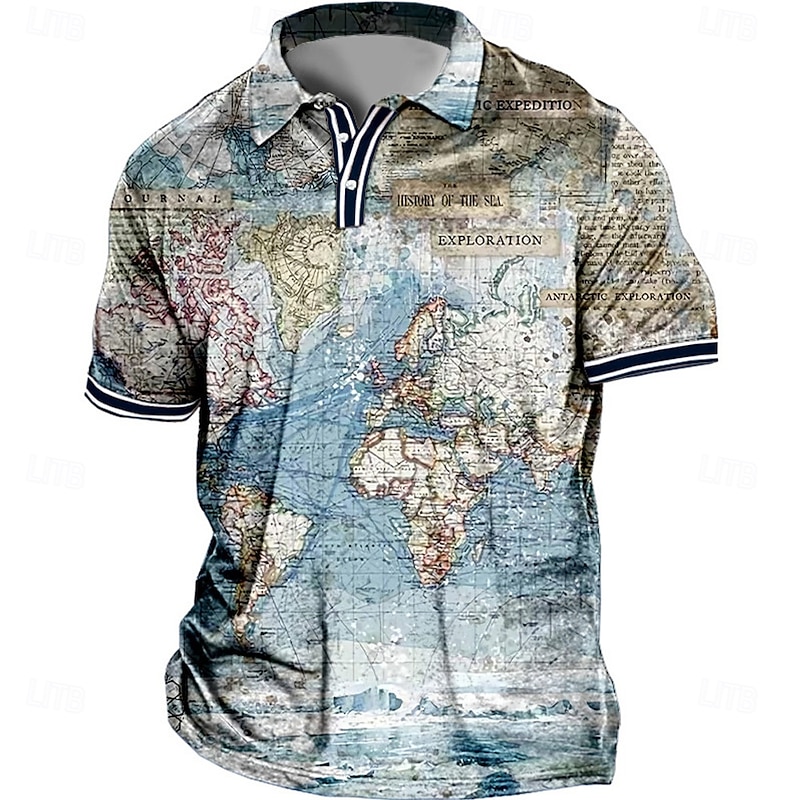 Men's Plus Size Polo Shirt Big and Tall Map Turndown Print Short Sleeve Spring & Summer Sports Fashion Streetwear Designer Outdoor Street Tops