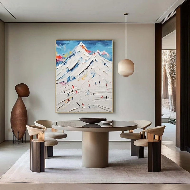 Handmade  3D Textured Mountain Skiing Oil Painting with Gallery Frame - Bold Impasto Brushstrokes in Vibrant Winter Hues Dynamic Skiers on Snowy Peaks Modern Wall Art for Winter Cabin or Ski Lodge3