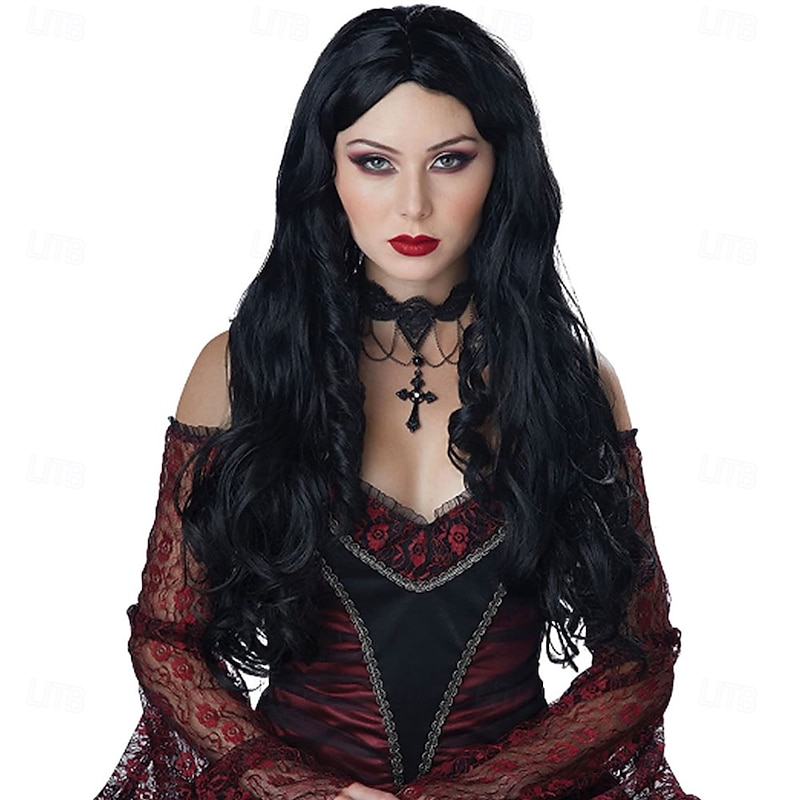 Long Curly Gothic Black Vampire Wig – Spooky Curly Hair for Halloween, Cosplay, Vampire Costumes, and Role Play Party Accessories