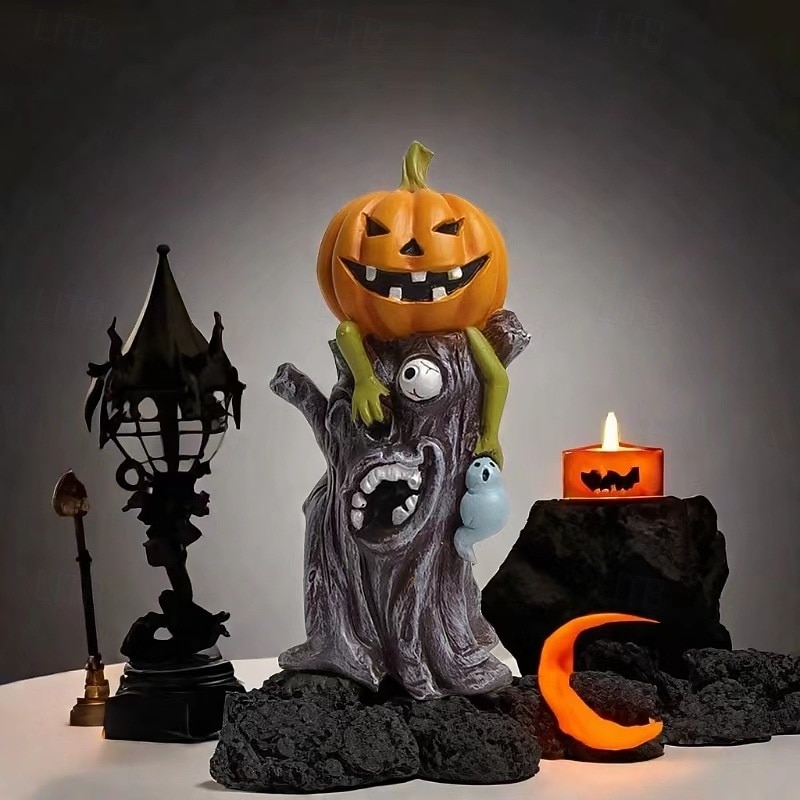 Halloween Pumpkin Monster Resin Statue, Scary Stump Pumpkin Man Figurine, Horror Home Decor Ornament for Haunted House Scene Display