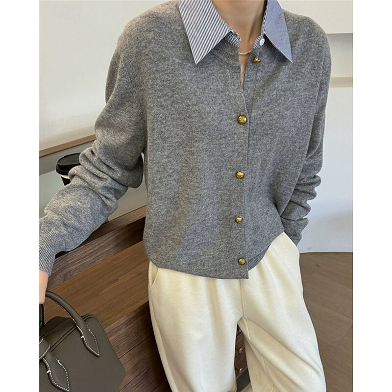 Women's Sweater Cardigan Fashion Streetwear Daily Solid Color Ribbed Shirt Collar Knitted Long Sleeve Regular Tops Knit Holiday Going out Weekend Black Beige Fall Winter3