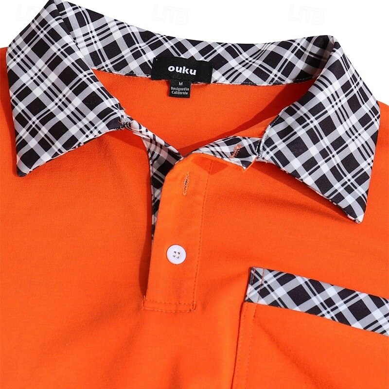 Men's Cotton Blend Polo Shirt Golf Shirt Casual Sports Lapel Short Sleeve Fashion Basic Houndstooth Plaid / Check Patchwork Pocket Summer Spring Slim Fit White Light Blue Orange Khaki Grey Cotton4