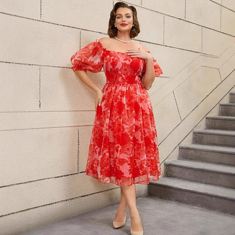 Retro Vintage 1950s Rockabilly Midi A Line Dress Flare Dress Plus Size Off Shoulder Floral A-Line Fancy Dress Women's Vacation Homecoming Party & Evening Adults Dress Spring & Summer4