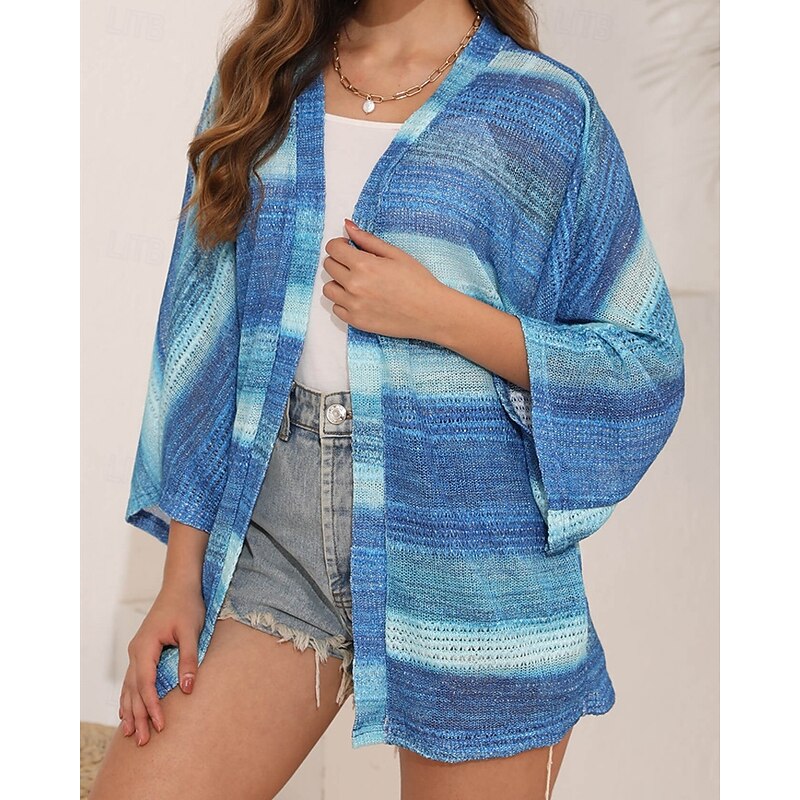 Women's Sweater Cardigan Fashion Streetwear Daily Striped Ribbed Open Front Knitted Long Sleeve Regular Tops Knit Holiday Going out Weekend Blue Purple Spring Fall3