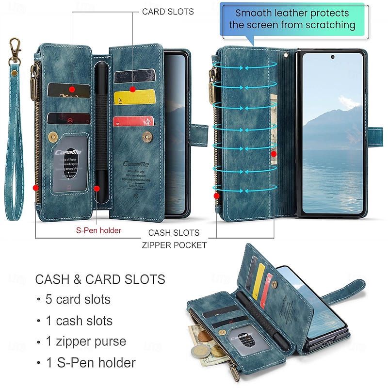 Phone Case For Samsung Galaxy Z Fold 7 Z Fold 6 Z Fold 5 Wallet Case Zipper with Lanyard Kickstand TPU PU Leather2