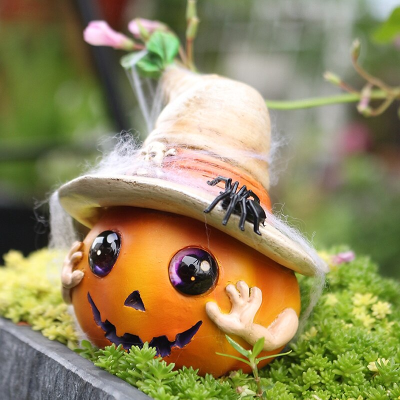 Halloween Pumpkin with Hat Resin Figurine, Outdoor Yard Planter and Indoor Desktop Decoration, Spooky Halloween Home Decor Ornament2