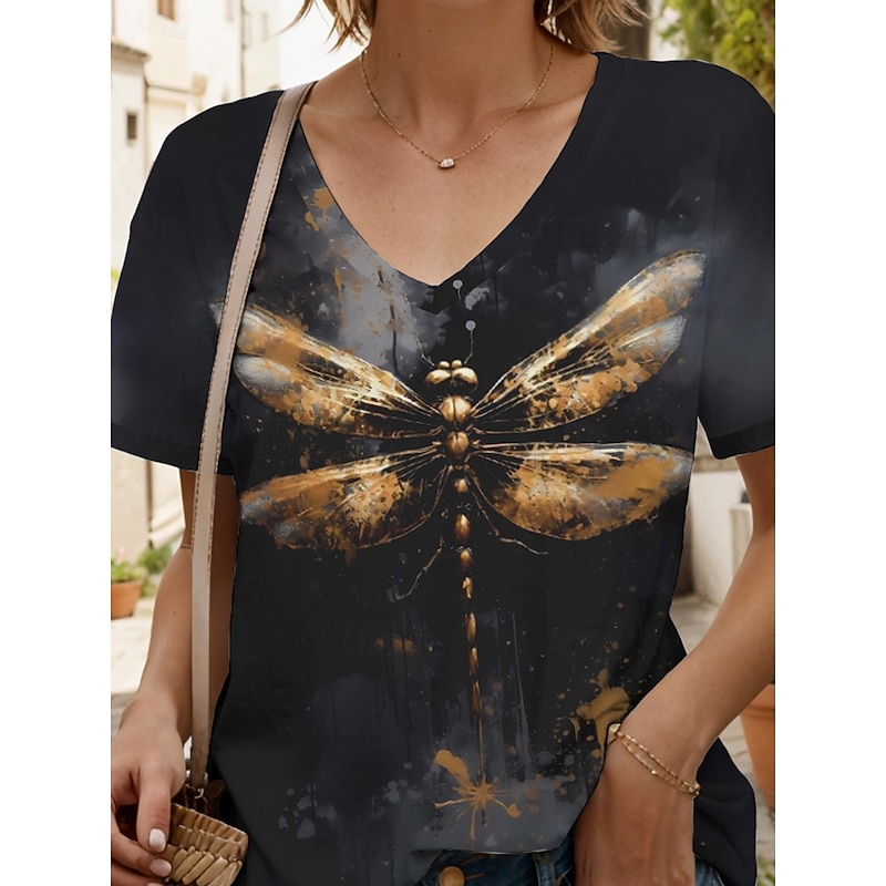 Women's T Shirt Graphic Animal Dragonfly Vintage Stylish Classic Short Sleeve V Neck Regular Tops Daily Going out Weekend Print Black Red Blue Purple Green Summer Spring3