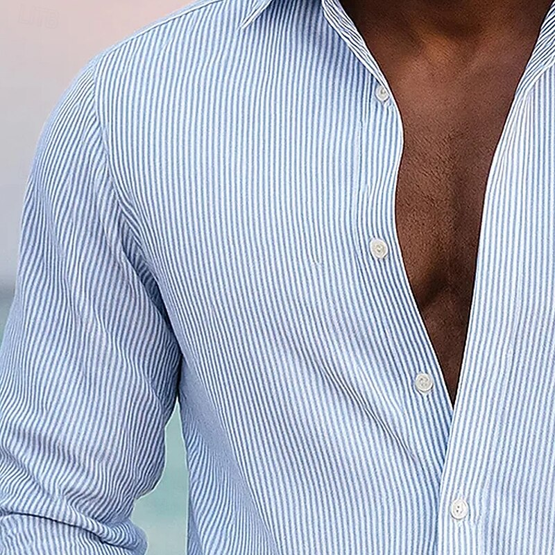 Men's Striped Shirt Button Up Shirt Casual Dress Shirt Long Sleeve Fashion Casual Office Dailywear Spring Fall Turndown 3D Print Linen Like Shirt White Pink Blue Purple Green2