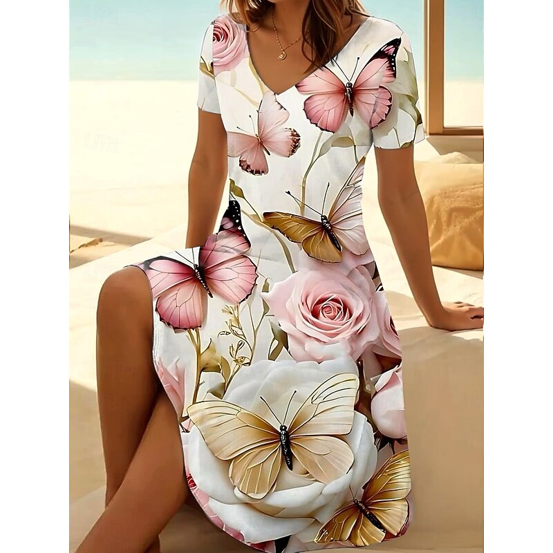 Women's Midi Dress T Shirt Dress Tee Dress A Line Dress Summer Dress Vacation Casual Daily Holiday Date Regular Fit Floral Graphic Animal Short Sleeve V Neck Pink Blue Purple Dark Blue Summer Spring4