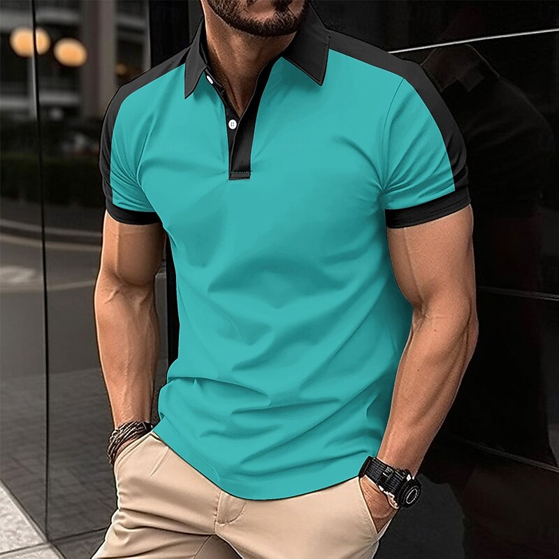Men's Golf Shirt Business Casual Turndown Short Sleeve Fashion Solid Color Buttons Summer Orange red rice white Red Navy Blue Sky Blue Gold Golf Shirt2