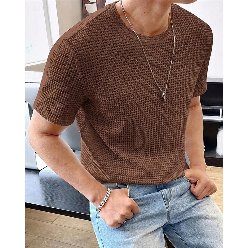 Men's Waffle Tee T Shirt Tee Short Sleeve Shirt Short Sleeve Crew Neck Summer Plain Fashion Designer Basic Jacquard Vacation Street Going out Pink Khaki Coffee Top Tee for Men3