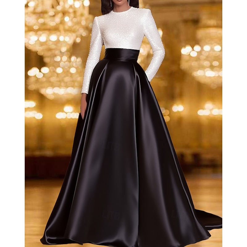 Black and White A-Line Evening Dresses Elegant Gown Formal Wedding Floor Length Long Sleeve Crew Neck Pocket Satin with Sequin Pocket