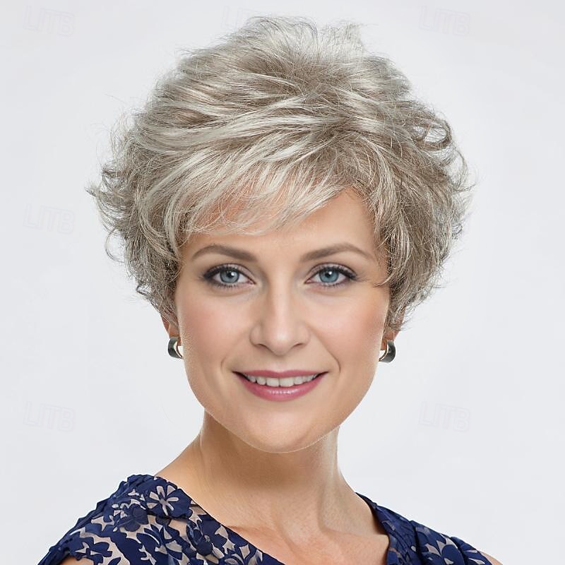 Women's Fashion Wig Sliver Synthetic Hair Short Wigs Curly Wig Fluffy Natural Synthetic Wigs for Daily Party Use
